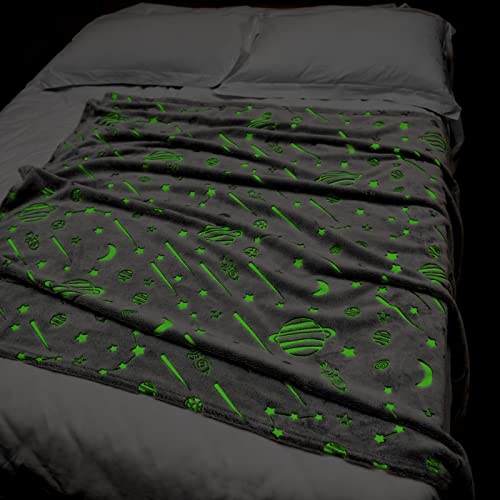 Glow In The Dark Throw Blanket For Kids 50 X 60 Inches,Glowing Blanket With Galaxy Planet Pattern For Bed Sofa Couch,Baby Soft And Cozy Warm Fluffy Blankets,Unique Gifts For Boys Girls And Grandkids #TOP5
