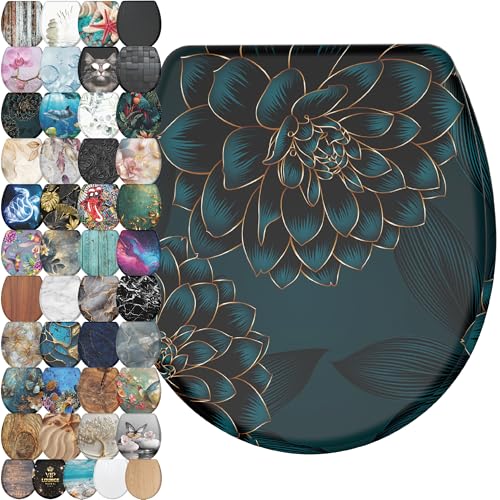 Image of Sanilo Wooden Toilet Seat with Quick Release & Soft Close [ROUND] - Decorative & Slow Close Molded Wood Seat - With One Click for Easy Installation & Cleaning - With Adjustable Fit (Dahlia)