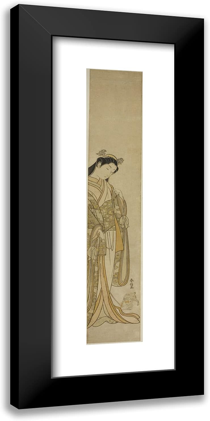ArtDirect Suzuki Harunobu 11x24 Black Modern Framed and Double Matted Art Print Titled The Third Princess and Her Pet Kitten