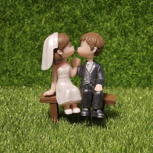 Image of Miniature Cute Couple Figurine, PVC Wedding Cake Topper, Bride and Groom on Bench, Dollhouse Accessory, Garden Decor (White Wedding Couple)