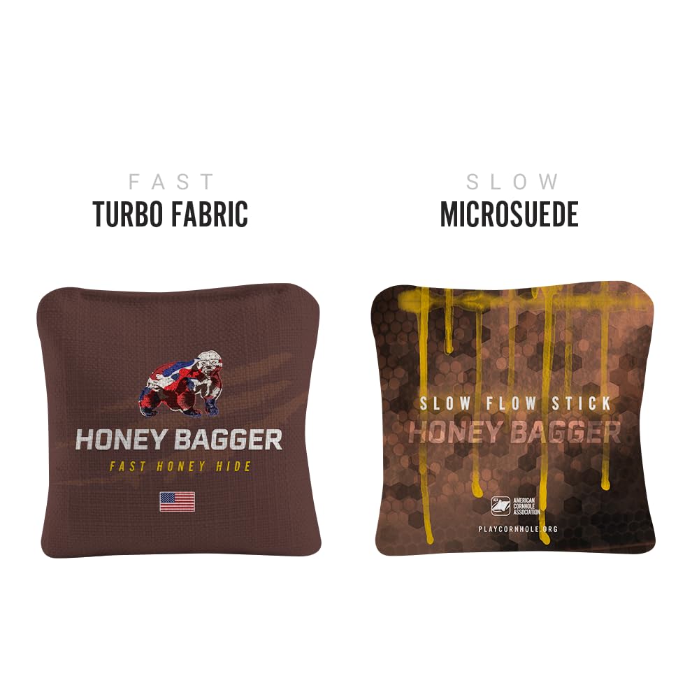 ACA Synergy Pro Dual Sided Cornhole Bags | Honey Bagger Brown Design | Set of (4) All-Weather Resin Filled Stick & Slide Corn Hole Bags