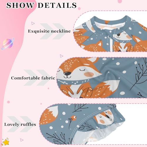 Cute Fox and Snow Girls Long Sleeve Swimsuit Rash Guard One Piece Bathing Suits Zipper 3-12T4