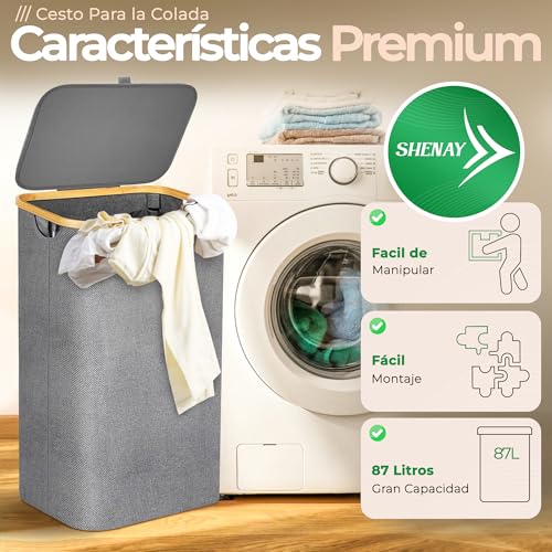 Miniatura 4 de Shenay Cesto Ropa Sucia Con Tapa 87l Cesta Plegable En Oxford 600d Con Bolsa Interior Extraíble Y Malla De Lavandería