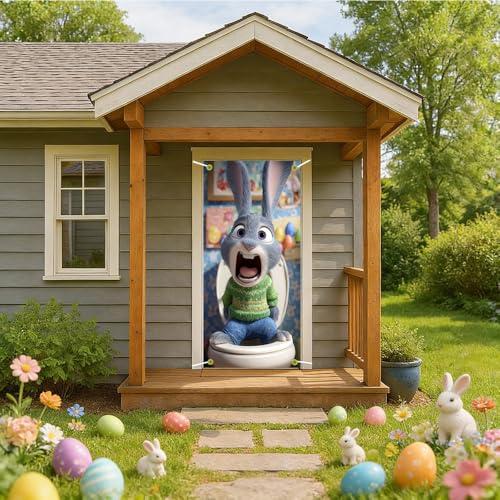 Image of Easter Door Cover 35.43 x 70.87 Inch Funny Bathroom Bunny with Expressive Face Colorful Egg Accents and Playful Interior Scene for Seasonal Door Decoration and Spring Holiday Display