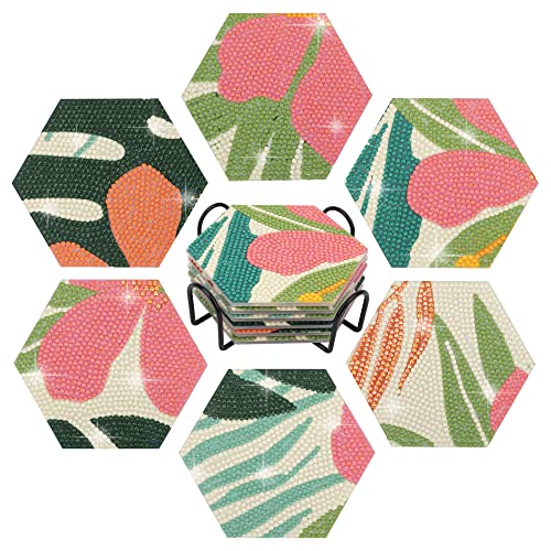 Temlum 6 Pcs Diamond Painting Coasters Kit with Holder, Flower Diamond Art Coasters Kits for Beginners Adults Art Craft Supplies