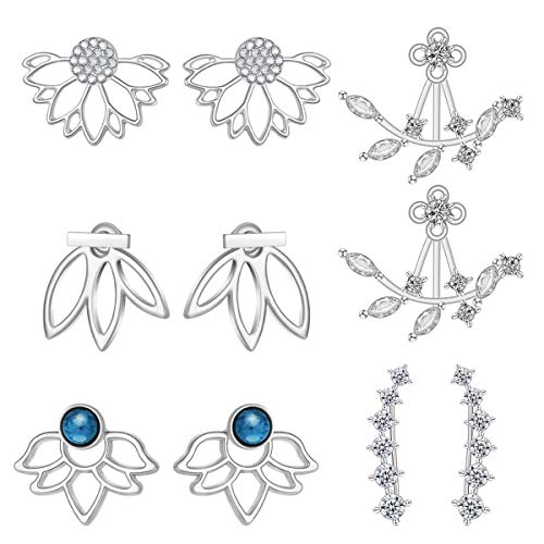 double ideal 5 Pairs Lotus Flower Earrings Jackets for Women and Girls Multiple Dainty Chic Ear Jacket Stud Earring Set (Silver)
