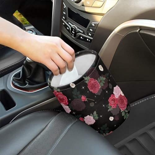 Image of Rose Black Patterns Car Trash Can Car Bag Accessories Interior Garbage Bin Hanging Portable Dustbin Bin Waste Basket Collapsible Car Trash Can Universal