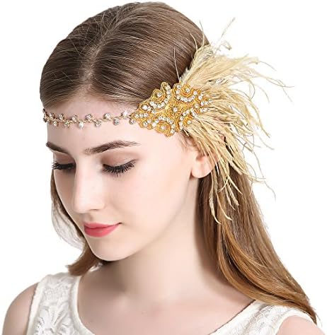 JaosWish Vintage Flapper Headband 1920s Art Deco Sparkling Hairband Gatsby Feather Headpiece
