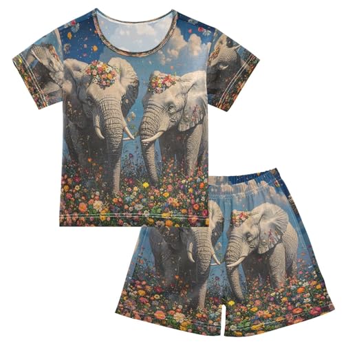 ALAZA Elephant Sky Flower Pajamas Set Short Sleeve Cotton Sleepwear Summer Pjs 2 Piece 5-14Y