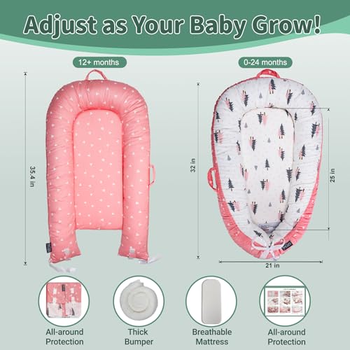 Image of Infant Support Cushions | Baby Lounger | Cotton Infant Lounger | Reversible Adjustable Portable Floor Lounger | Supervised Awake Only No Sleeping | Soft Breathable Washable Cover (Pink)