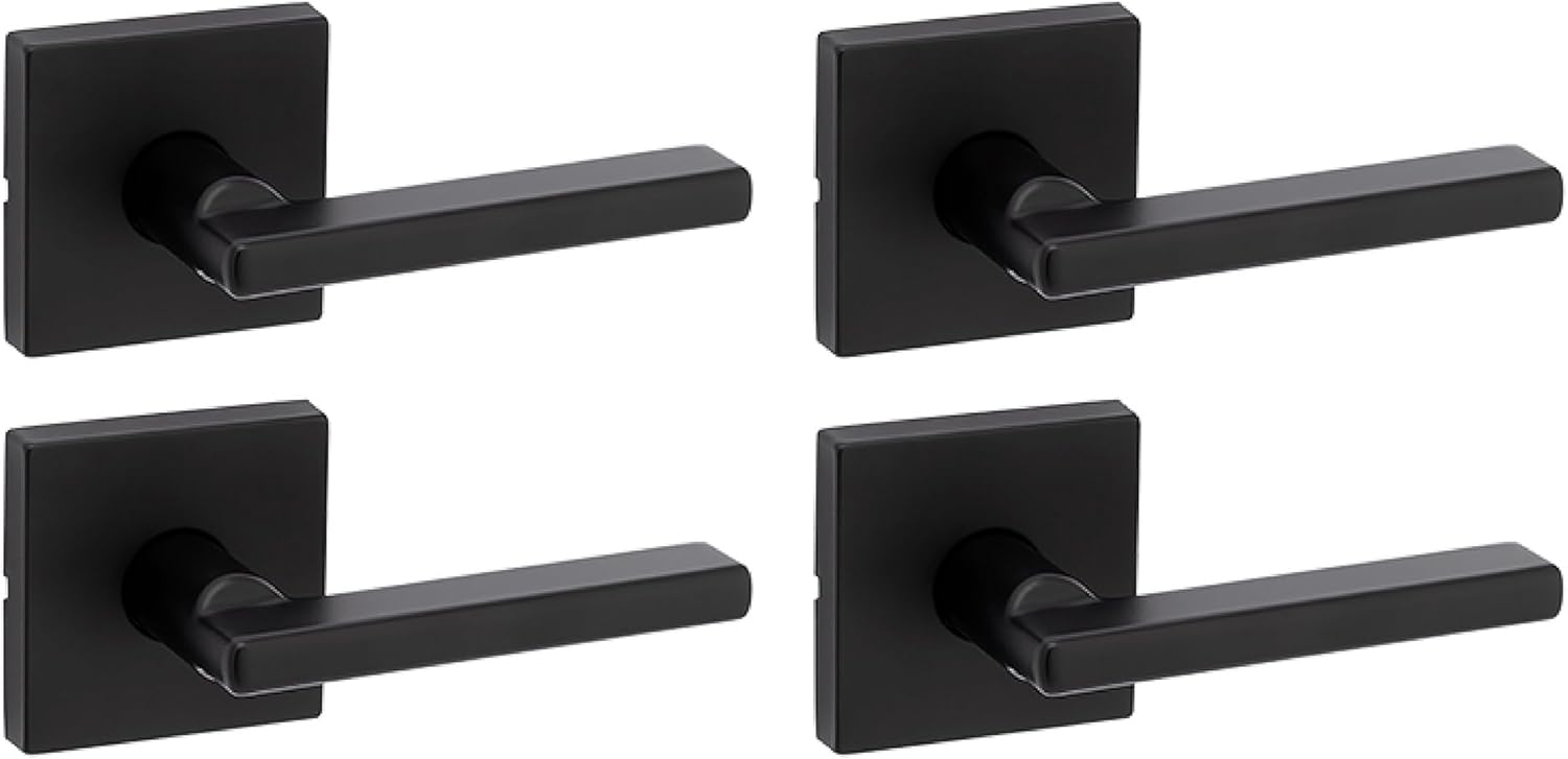 Kwikset Halifax Interior Passage Door Handle, Lever for Closet and Hallway Doors, Reversible Non-Locking Handle Lever, Matte Black, with Microban Protection, 4 Pack