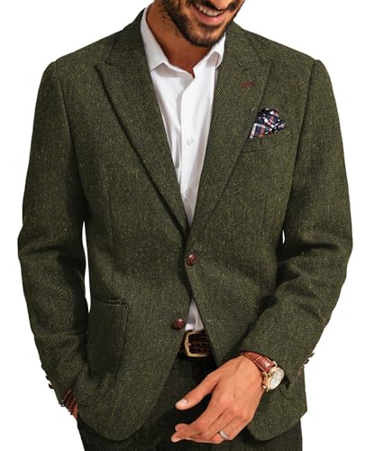 PJ PAUL JONES Mens Blazers Herringbone Wool Blend Sport Coat Vintage Two Button Tweed Blazer Army Green M
