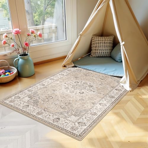 3x5 Living Room Area Rugs: Vintage Washable Non-Slip Rug for Bedroom Dining Room Soft Carpet for Nursery Kitchen Home Office Durable & Easy-Clean Design Perfect for Homes with Cats & Dogs(3x5 Beige)