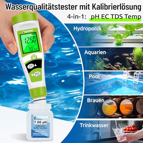 UIUZMAR Pool pH Messgerät Wasser, pH EC Messgerät Grow, Digitales pH EC PPM Temperaturtester mit pH7.0 Kalibrierlösung für Pool, Whirlpool, Hydrokultur, Trinkwasser, Aquarium, Bierherstellung