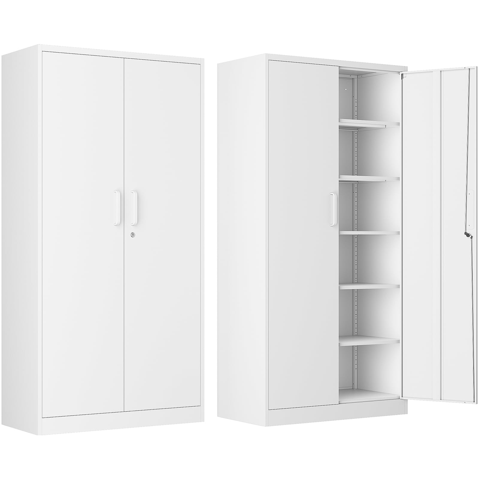 AFAIF Metal Storage Cabinet with Lock, 71" White Garage Cabinets with 2 Doors and 5 Adjustable Shelves, Steel Locking Caninets Tall Tool Utility