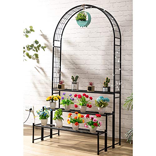 Doeworks 3 Tier Plant Stand With Garden Arch, Flower Pot Holder Display Shelf, Garden Arbor For Climbing Plants, Black #TOP4