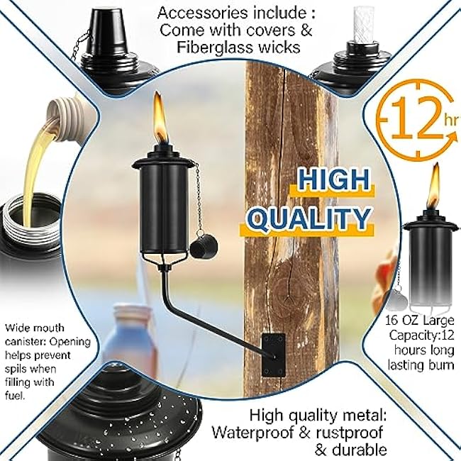 Wall Mounted Citronella Torches Set of 6, 16 oz Garden Torches for Outside, Refillable Flame Light Torch, Outdoor Metal Torch for Yard, Patio, Deck, Garden, Party, Landscape