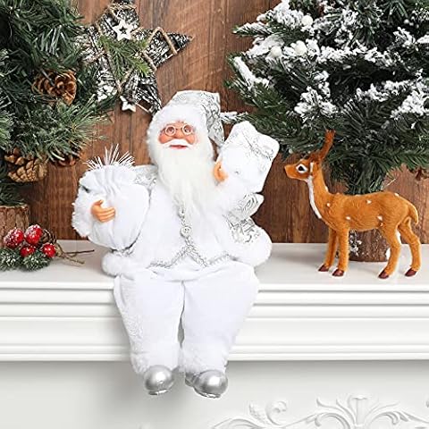 AnyDesign Christmas Sitting Santa Hand Crafted White Silver Coat Santa Claus Figurines Doll with Gift Bag and Presents Christmas Decoration for Home Office Table Xmas Party Ornament Gift Cover