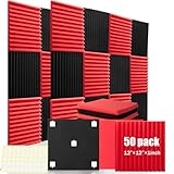 HWLIYUTAI 50 Pack Acoustic Panels 1 X 12 X 12 Inches - Acoustic Foam Studio Foam Wedges High Density Panels Soundproof Wedges Charcoal (Black&Red)