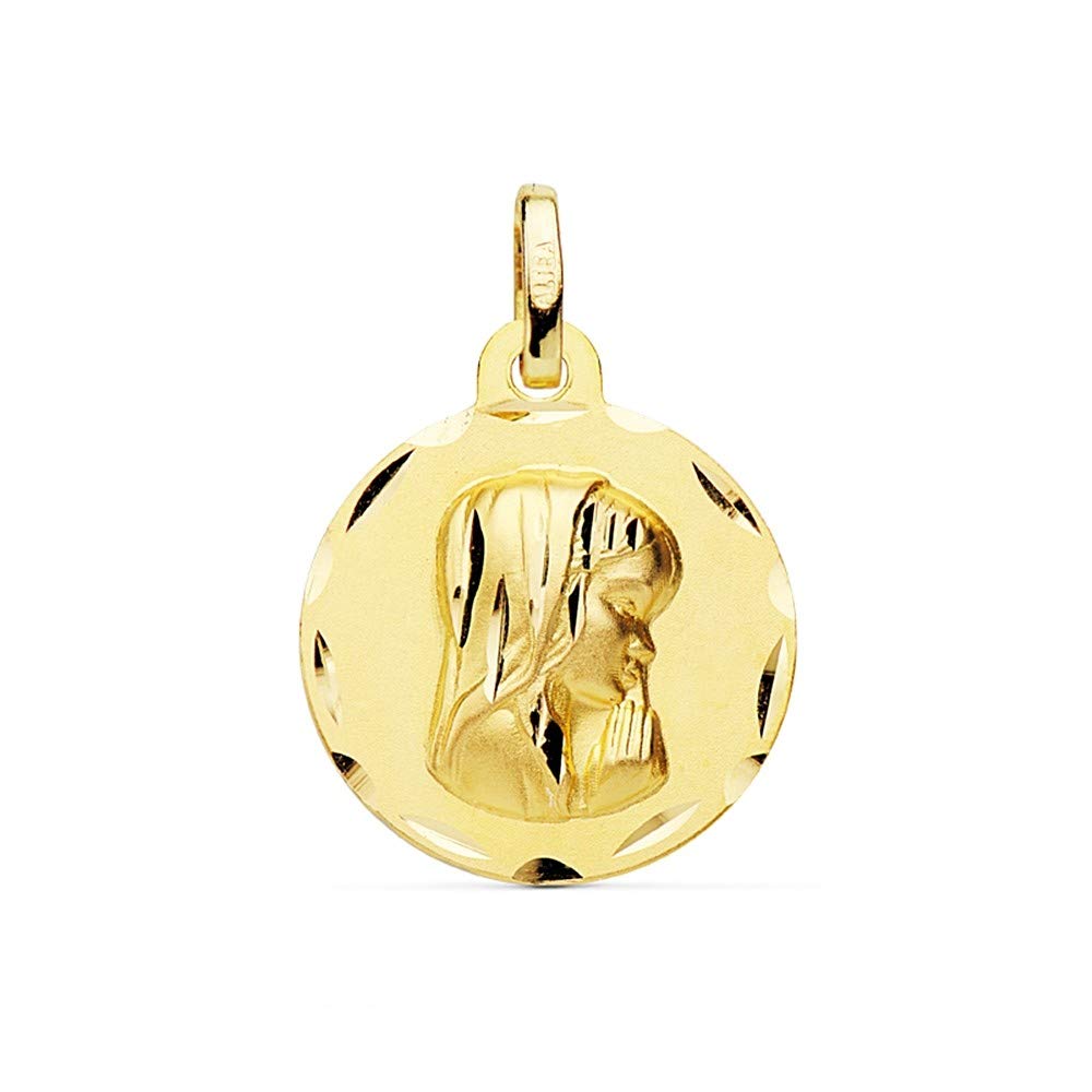 Medalla Oro 18K Virgen Niña 16mm. Bordes Tallados Redonda Lisa