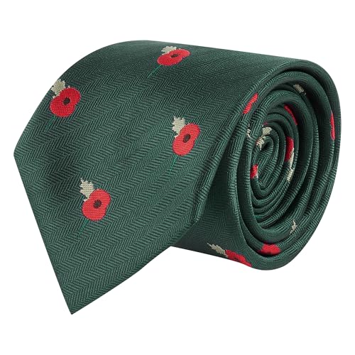 Cravate vert foncé brodée coquelicot King & Priory à chevrons pour homme style rétro