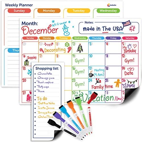Magnetic Dry Erase Calendar Set | 3pk Monthly Fridge Calendar White Board, Weekly Planner, Magnet Grocery List, 6 Color Markers |2022 Magnetic Calendar for Fridge, Family Kitchen, Office, Classroom