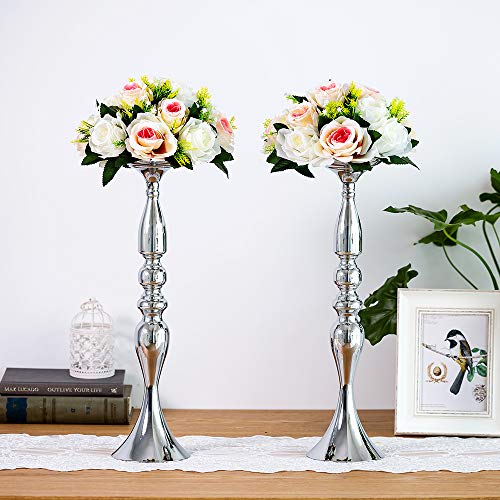 Nuptio 2 Pcs Versatile Metal Flower Arrangement, Candle Holder Stand Set Candlelabra For Wedding Party Dinner Centerpiece Event Road Lead Restaurant Hotel Decoration (Silver, 19.7" H) #TOP2