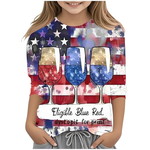 4th of July Outfits for Girls 3/4 Sleeve American Flag Tshirts Round Neck Casual Fashion Tops Size 3-12 Years Multicolor 4th of July Outfits for Girls Size 3-4