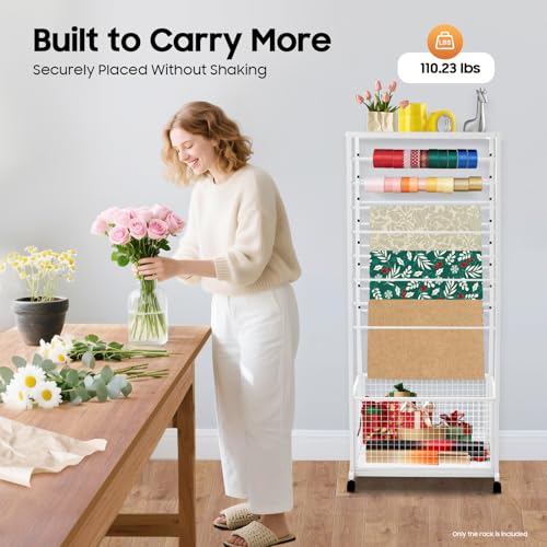 Image of CNCEST Double-Sided 16-Layer Ribbon Holder Organizer Rack,Free Standing Mobile Ribbon Holder,Metal Ribbon Stand Organizer Ribbon Storage Shelf for Craft Room,Wrapping Paper (White,26.4x12.6x59.06in)
