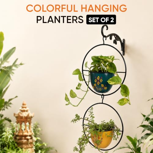 Image of AAKRITI ART CREATIONS Metal Hanging Planters Set of 2 | Handpainted Planter, Modern Art, Multicolor Glossy Finish | Outdoor & Indoor Home Decor Items | Room Decoration Artifacts, Flower Pots for Room