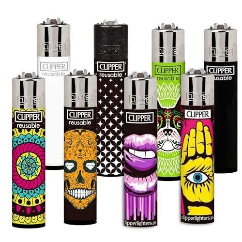Clipper Mystery 8 Pack - Random Selection of Popular Designs - Safe Butane Refillable Lighters in Assorted Colors - Reusable (Colors and Design Will Vary)