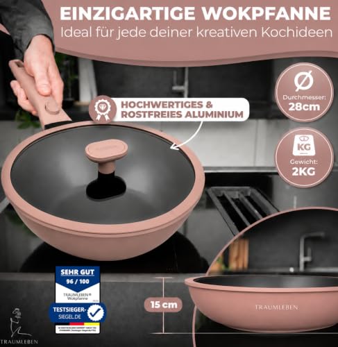 TRAUMLEBEN Wokpfanne 28 cm mit Deckel & abnehmbarem Griff