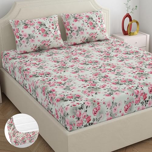 Image of Home Ecstasy Microfiber Wrinkle & Fade Resistant King Fitted Bedsheet with 2 Pillow Covers - (Size 72 x 78 inches, 140 GSM, Colour - Pink)
