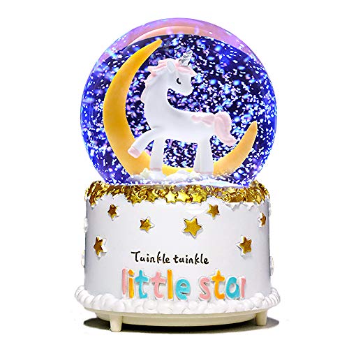 VECU Unicorn Snow Globe, 80 MM Manual Snowfall Cartoon Moon Music Box Home