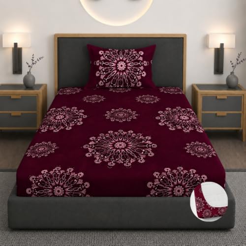 Image of Vaini Premium Heavy Cotton Elastic Fitted Bedsheets with 1 King Size Pillow Covers || Single Bed with All Around Elastic 350 TC || 36 x 78 x 6 Inch Single Size Fitted || :- Maroon Big Flower