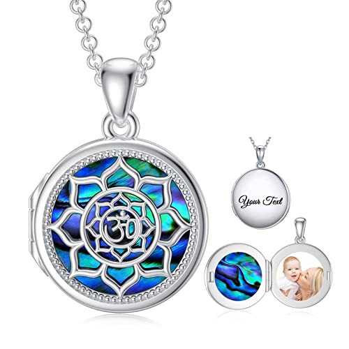 SOULMEET Round Inspirational Flower Om Ohm Aum Lotus Locket Necklace That Holds Picture Photo New Beginning Silver Custom Personalized Abalone Locket Necklace for Yogis (Custom photo & text)