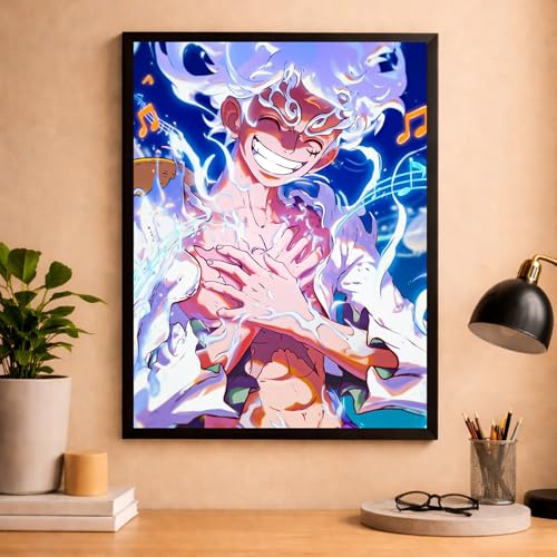 Image of Aniculture Framed Anime Poster, 8x12 Inch, Black Synthetic Wood Frame, Gloss Lamination, 300 GSM Ultra HD Print, Shatter-Resistant, for Home and Gaming Room Decor (Luffy Nika)