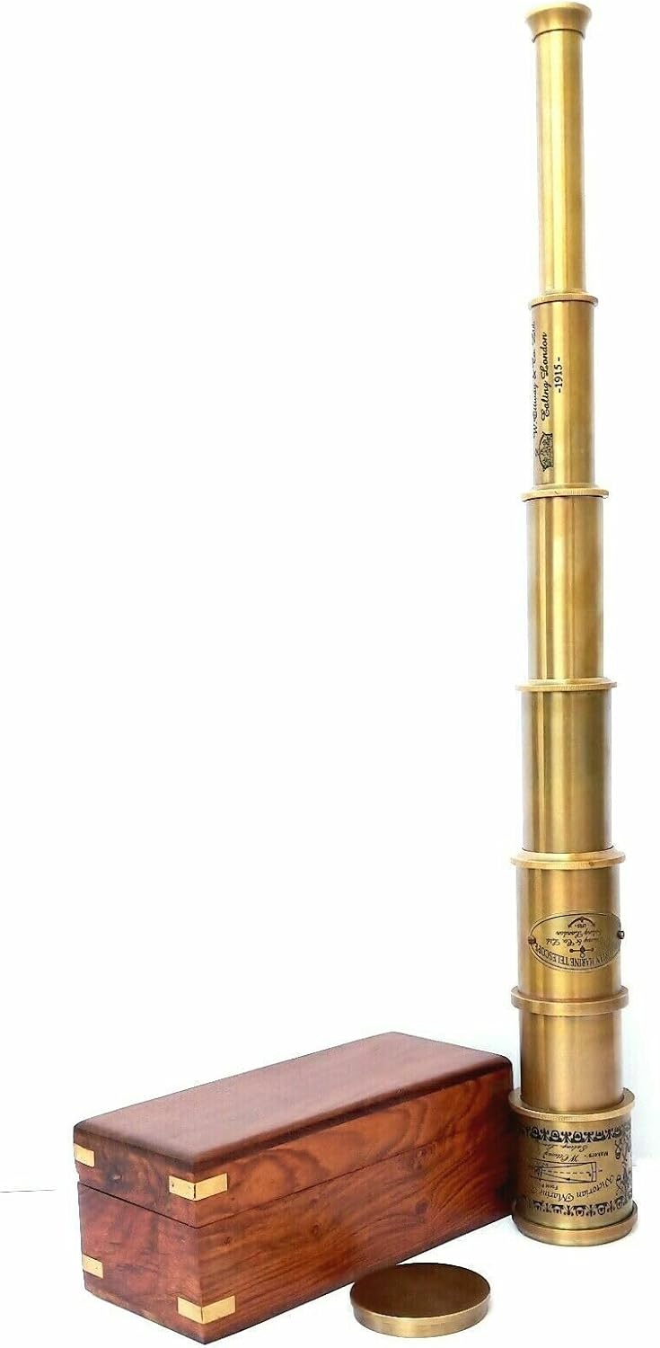 Merco Enterprises 16 Inch Brass Telescope with Wooden Box – Antique Nautical Spyglass, Vintage Marine Desk Decor, Collectible Brass Telescope Gift