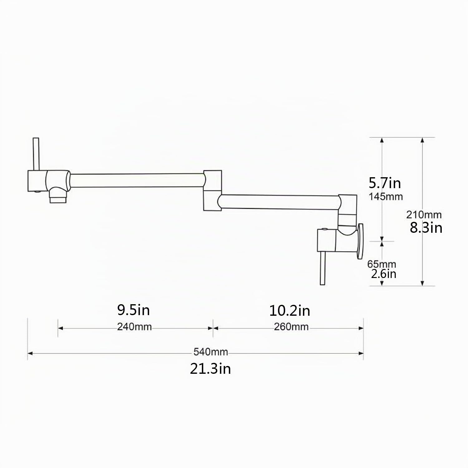 Robinets de cuisine, montage mural, double articulation, bras pivotant, évier de cuisine, pliable, extensible, avec un trou, deux poignées (nickel brossé)