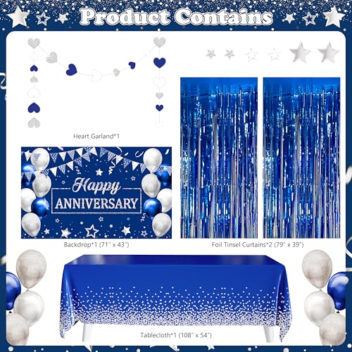 Image of Happy Anniversary Party Decoration 101Pcs, Blue and Silver Anniversary Party Supplies Backdrop Banner Blue and Silver Balloon Arch Kit Tablecloth for Wedding Anniv. Decor