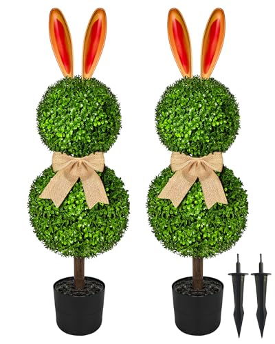 EDENLUNE 3ft Artificial Bunny Topiary Trees (2 Pack) - Weather Resistant Faux Boxwood Rabbit Decor with Ground Spikes & Pots for Outdoor Indoor Porch Home Easter Garden