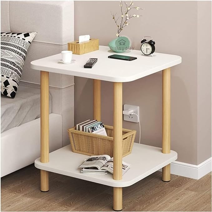 Modern 2-Tier Side Table, White with Natural Wood Legs, Square St...