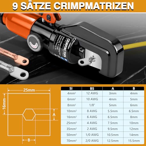 Hydrauliczne szczypce zaciskowe, szczypce zaciskowe z nożyczkami do kabli, 9 zestawów form zaciskowych 4-70 mm² do prac kablowych, naprawy samochodu, poręczy przewodowych, pomarańczowe