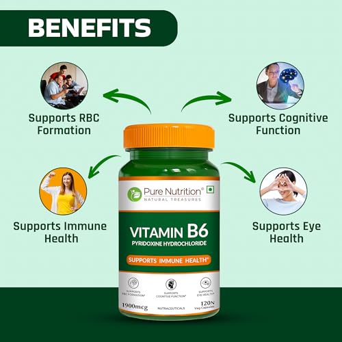 Image of Pure Nutrition Vitamin B6 Supplements Pyridoxine HCl | B6 Vitamin Pyridoxine Hydrochloride Capsules 1900mcg Supports Energy, Immune & Brain Health | Maintains Eye Health & Nervous System Function - 120 Veg Capsules