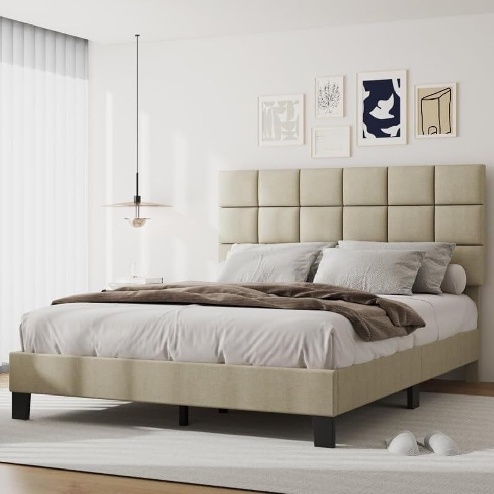 Image of Wooden Modern Upholstered King Size Bed for Bedroom | Wooden Double Bed Without Storage | Platform Cot Upholstered Bed with Upholstery Fabric | Engineered Wood | 6.5 x 6 Ft | Ivory