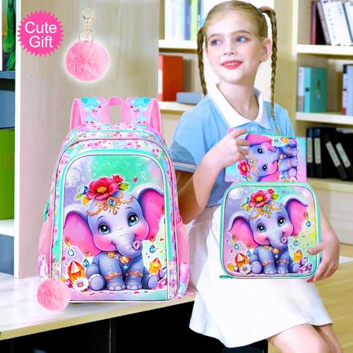 Image of 3Pcs Backpack for Girls, 16 inch Kids Bookbag with Lunch Box,Elephant School Backpacks for Elementary Preschool Kindergarten (Pink)