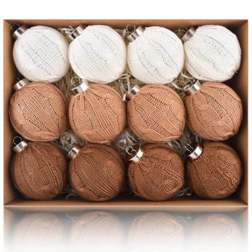 Neutral Christmas Ornaments for Tree Decorations - Large 3.15 inch Shatterproof Christmas Balls Set for Winter Holiday - Crochet Brown Xmas Bulbs Bulk for Rustic Farmhouse Decor - 80mm Pack of 12