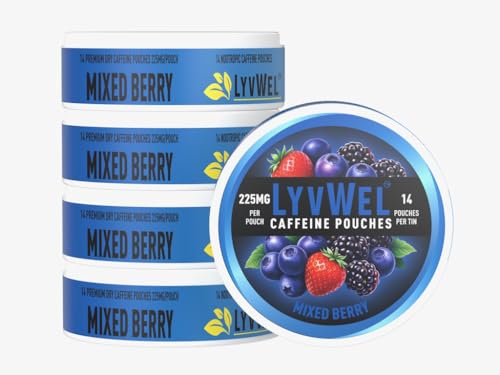 Image of LyvWel 225mg Caffeine Pouches, Guarana-Powered Energy Pouches, Nootropic Pouches, Nicotine Free Pouches & Tobacco-Free (5 Pack, Mixed Berry)