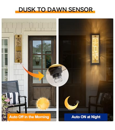 Image of 18.5 inch Gold Outdoor Wall Light Fixture,12W Dusk to Dawn LED 1-Pack | IP65 Waterproof, Ripple Crystal, Hardwired Modern Exterior Sconce, Auto On /Off, for Porch Patio Hallway Entryway House