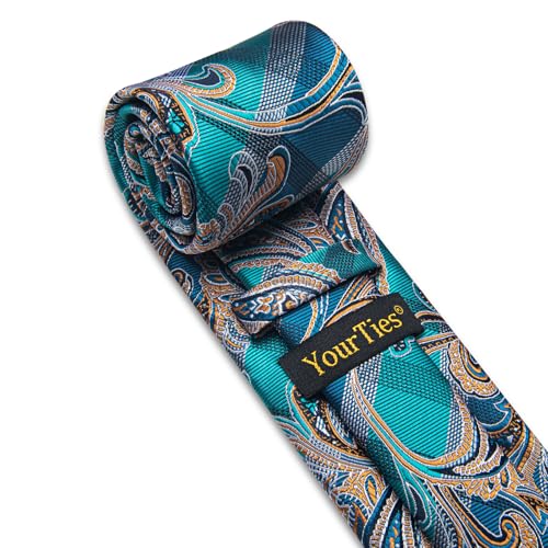 Image of YourTies Silk Paisley Floral Tie and Pocket Square Cufflinks with Lapel Pin Sets for Men 5PC Wedding Party